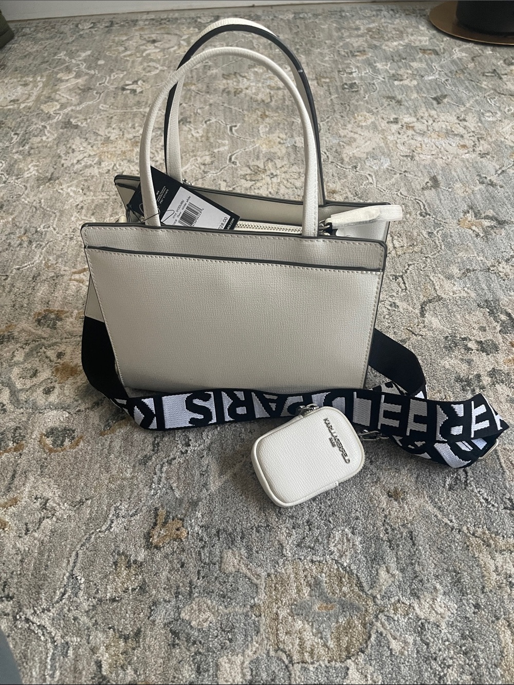 Karl Lagerfeld Ivory Leather Top-Handle Satchel with Charm Chain - Picture 2 of 3